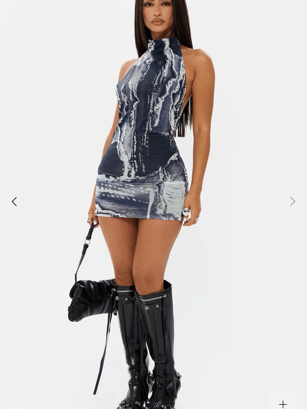 High-Neck Abstract Marble Print Mini Dress in Navy and White
